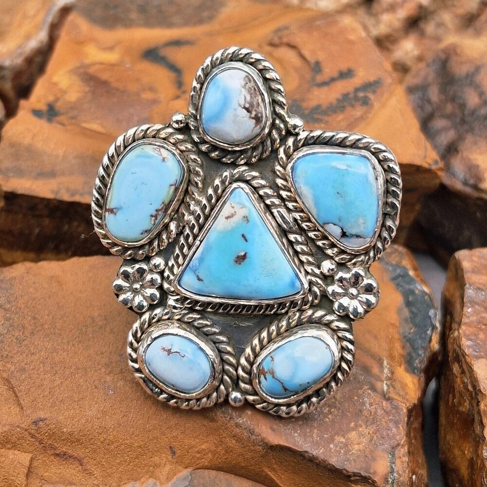 Southwestern Golden Hills Turquoise Cluster Ring Size 7 Sterling Silver